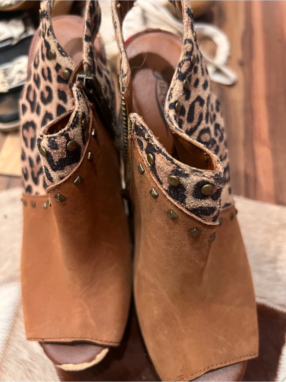 Women’s Tan Suede Peep-Toe Booties with Leopard Accent